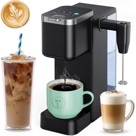 Single Serve Coffee Maker with Built-in Detachable Milk Frother, Iced and Hot Coffee Machine for K Cup & Grounds, 40oz Removable Water Reservoir, 6 Cup Sizes, Fits 7.3" Travel Mug, Black