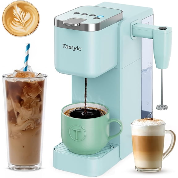 Single Serve Coffee Maker with Built-in Detachable Milk Frother, Iced and Hot Coffee Machine for K Cup & Grounds, 40oz Removable Water Reservoir, 6 Cup Sizes, Fits 7.3" Travel Mug, Teal