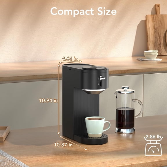 Single Serve Coffee Maker, Compatible with Capsule and Ground, 5 Brew Sizes Up to 14 Oz, Adjustable Funnel Height, Compact & Quick Brew, Easy to Clean, Ideal for Home/Office/Outside, Black