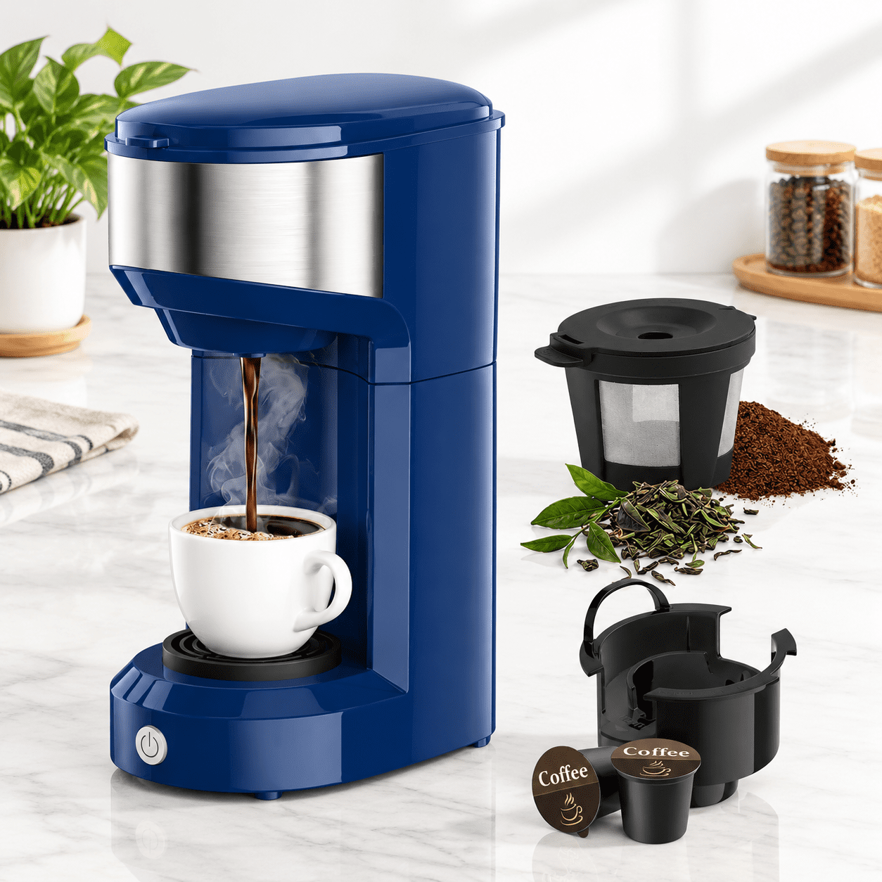 Single Serve Coffee Maker, Dark Blue, Compact Design for K Cup Pods and ...