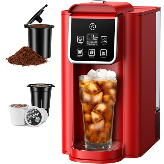 Single Serve Coffee Maker, Hot and Iced Coffee Machine for K Cup Pods & Ground Coffee, 6 to 14 oz Brew Sizes, with 50 oz Removable Water Tank, Bold Brew Setting, Stainless Steel, Red
