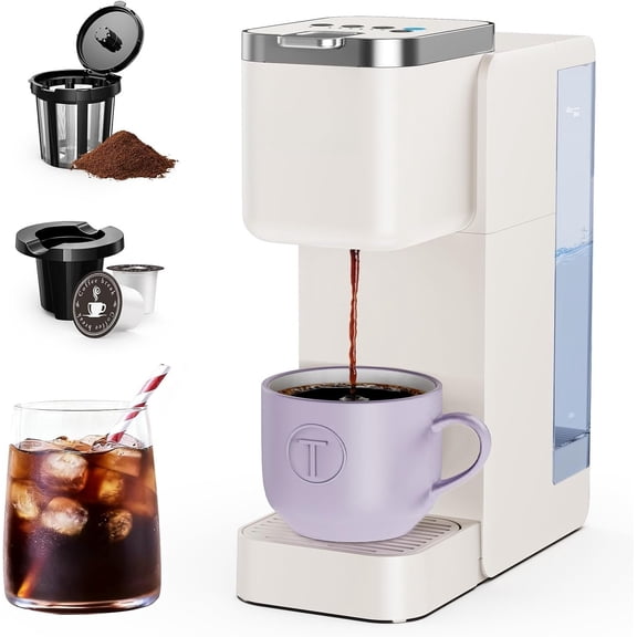 Single Serve Coffee Maker, Iced and Hot Coffee Machine for K Cup & Grounds, Compact Design, 40oz Removable Water Reservoir, 6 to 24 Oz Brew Sizes, Fits 7.3" Travel Mug, Beige