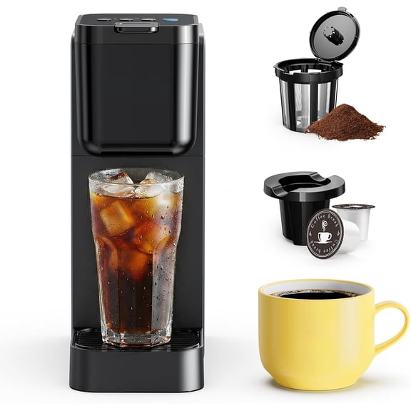 Single Serve Coffee Maker for K Cup and Ground Coffee | Brew up to 16 Oz, Fits 7.3'' Travel Mug | Hot, Bold & Over Ice | Compact for Office, RV& Hotel, Classic Black (3.0 Version)