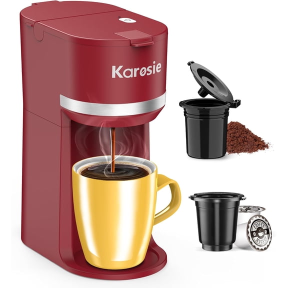 Single Serve Coffee Maker for K-Cup and Ground Coffee, Fast Brew, 6-12 oz Brew Sizes One Cup Coffee Machine Fits 5.5" Mugs, One-Button Small Coffee Maker with Descaling Reminder, Red