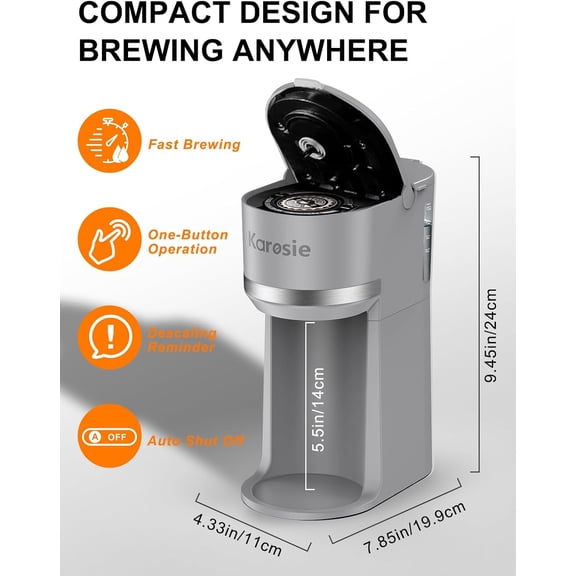 Single Serve Coffee Maker for K-Cup and Ground Coffee, Fast Brew, 6-12 oz Brew Sizes One Cup Coffee Machine Fits 5.5" Mugs, One-Button Small Coffee Maker with Descaling Reminder,Grey