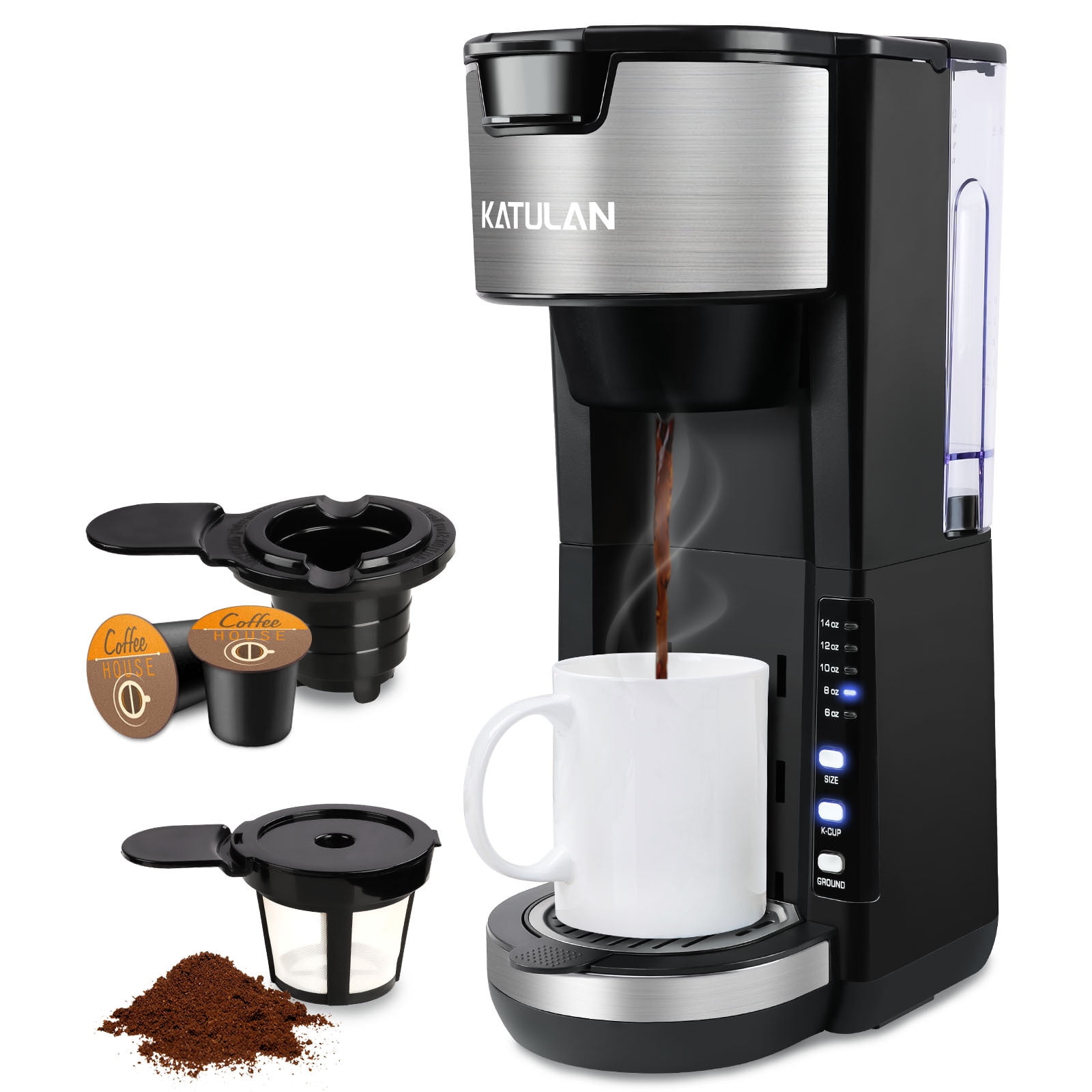 Single Serve Coffee Maker K Cup & Ground Coffee, One Cup Coffee Maker Brews  6-14 Oz in 2 Mins, Pod Coffee Maker Fits Travel Mugs, with 30 Oz Removable  Water Tank, Reuseable