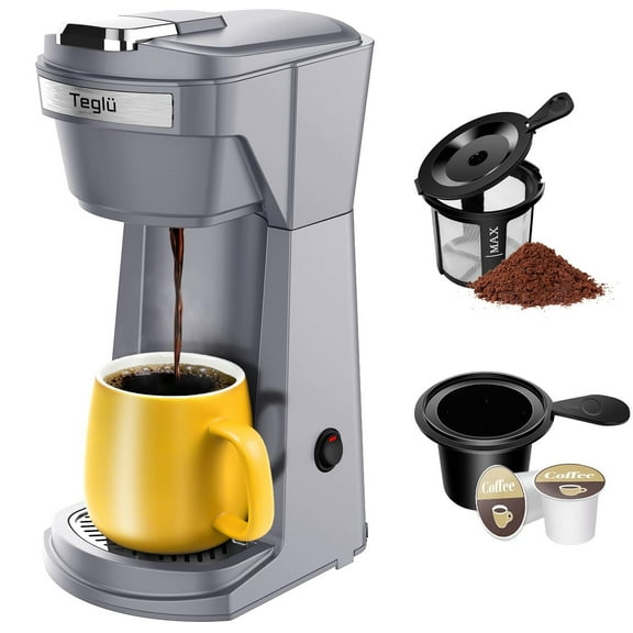 Single Serve Coffee Maker for K Cup Pod & Ground Coffee 2 in 1, K Cup Coffee Machine 14 oz Brew Size, Mini Single Cup Coffee Pod Fast Brew, Reusable Filter, Gray