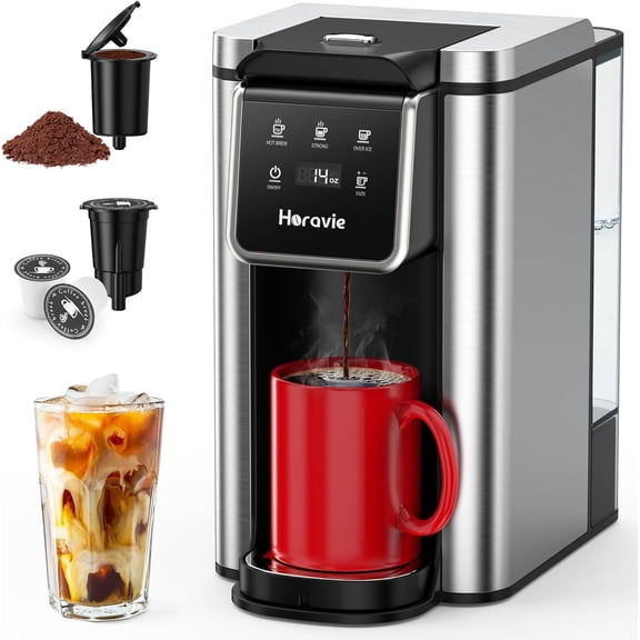 Single Serve Coffee Maker for K-Cup Pod and Grounds, Hot Iced Maker, 6 to 14oz Brew Sizes, 50oz Removable Reservoir, Strong Button Feature, Fit 6.5" Mugs, Stainless Steel, Black