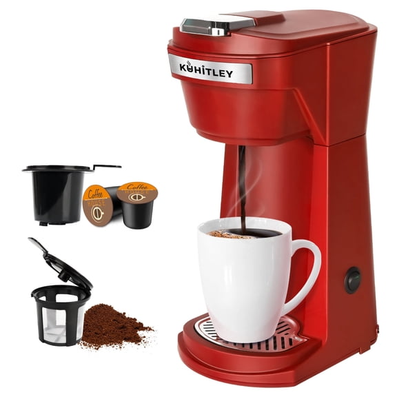2 in 1 Single Serve Coffee Maker for K Cup Pods & Ground Coffee, Mini K Cup Coffee Machine with 6 to 14 oz Brew Sizes, Single Cup Coffee Brewer with One-Press Fast Brewing, Reusable Filters,Red