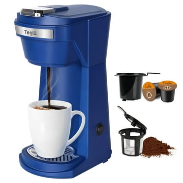 2 in 1 Single Serve Coffee Maker for K Cup Pods & Ground Coffee, Mini K Cup Coffee Machine with 6 to 14 oz Brew Sizes, Single Cup Coffee Brewer with One-Press Fast Brewing, Reusable Filters,Blue