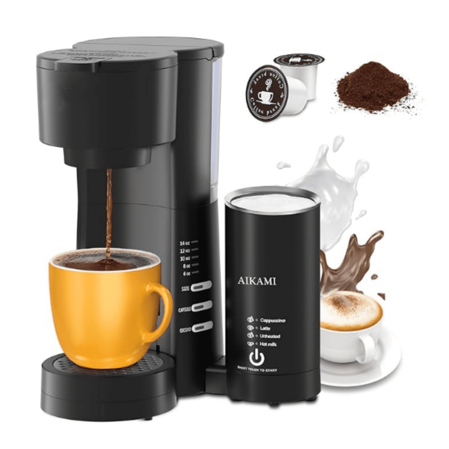 Single Serve Coffee Maker for K Cup & Ground Coffee with Milk Frother, 6 to 14 Oz Brew Sizes, Auto-Off Coffee Machine with Water Reservoir