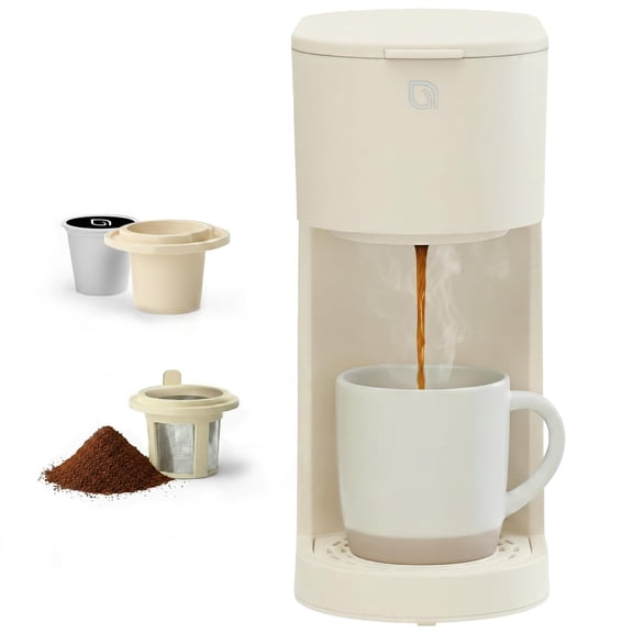 Single Serve Coffee Maker for K Cup and Ground Coffee, 6 to 12 oz Brew Sizes with Strong Brew Option, Removable Reservoir and Reusable Filter, White