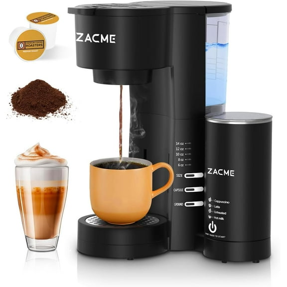 Single Serve Coffee Maker for K Cups&Ground Coffee with Milk Frother 3 in 1 Small Single Cup Coffee Machine 28oz Water Tank 6 to 14 oz Brew Sizes