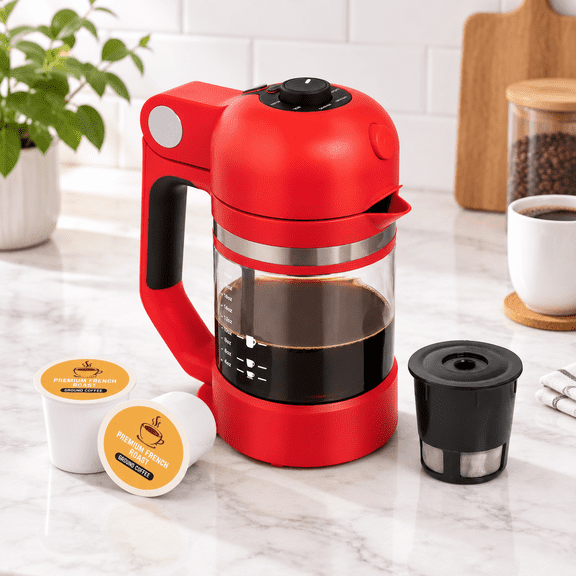 Single-Serve Coffee Maker for K Cups & Grounds, Red, Compact Space-Saving Design