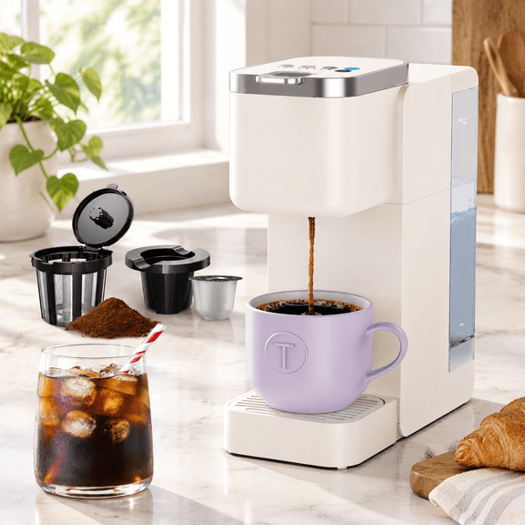 Single Serve Coffee Maker for K Cups and Grounds, Beige, 40oz Removable Reservoir