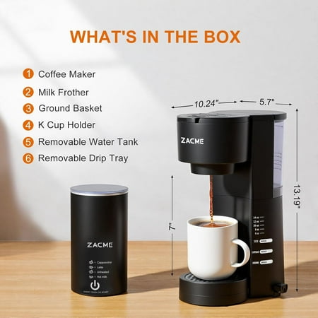 Single Serve Coffee Maker with Milk Frother, 28oz Tank, Adjustable Brew Strength, Quick Self-Cleaning for Home Office