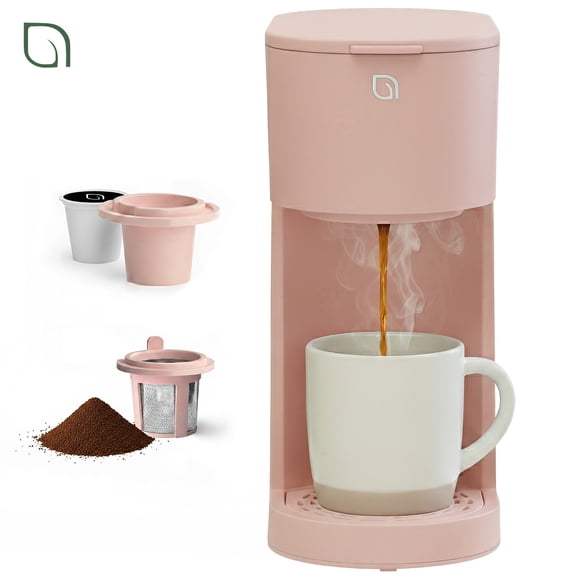 Willow Kitchen Single Serve Coffee Maker Machine for Pods & Grounds with K Cup, Self Cleaning & Small Portable Coffee Maker, Shell Pink