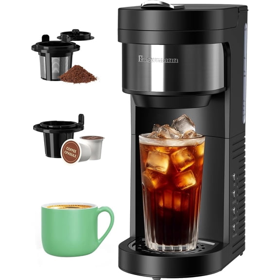 Single Serve Hot & Iced Coffee Maker, for K Cup Pod and Grounds, 6 to 24oz Brew Size, Slim Compact for Small Spaces, Descaling Reminder, with Reusable Filters, Black