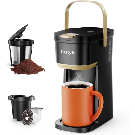 Single Serve Coffee Maker - 1 Cup, Fits K Cups & Grounds, 6-12 Oz Brew Size, Mini with Portable Handle, 120V - For Travel, Camping, Office, RV & Dorm