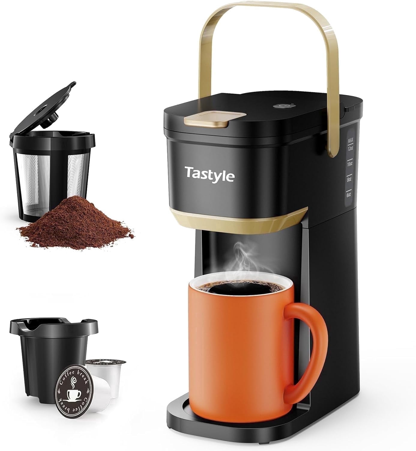 Single Serve Coffee Maker - 1 Cup, Fits K Cups & Grounds, 6-12 Oz Brew Size, Mini with Portable Handle, 120V - For Travel, Camping, Office, RV & Dorm