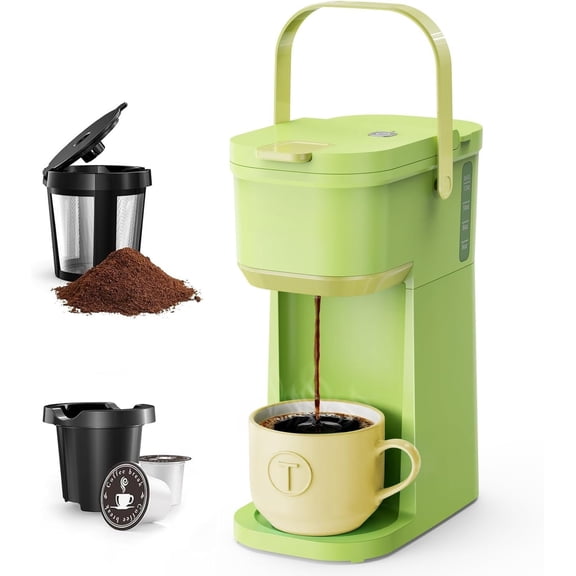 Single Serve One Cup Coffee Maker, for K Cups and Grounds, Mini Coffee Maker with Portable Handle, 6 to 12 Oz Brew Size, for Travel, Camping, Office, RV and Dorm, 120V, Lime