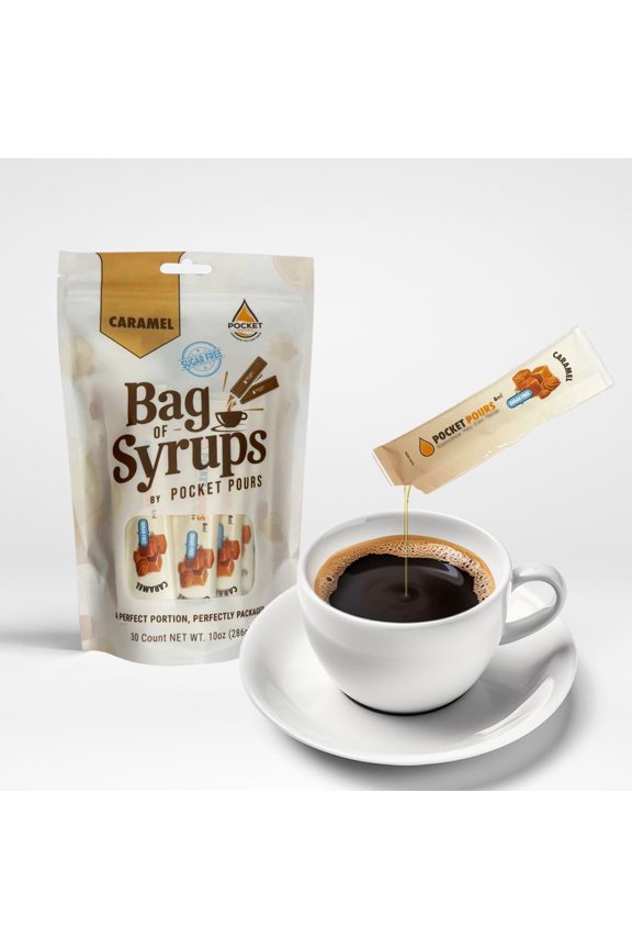 Single Serving Sugar Free Caramel Syrup Packets for Coffee and Cocktails - 6mL Each, 30 Count - Bag of Syrups by Infused Pours (6mL, Sugar Free Caramel)