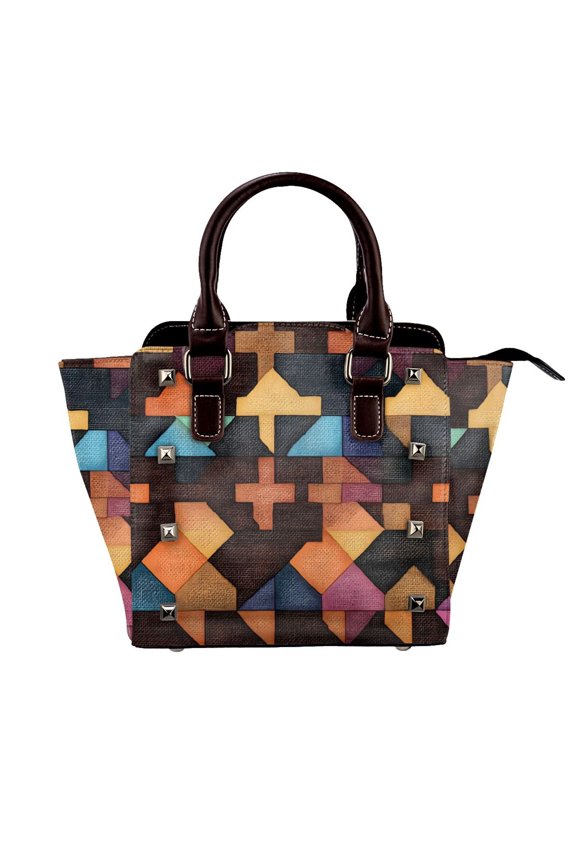 Single Shoulder Bag Rivet Bag 7.487.483.94in Removable Shoulder Belt Can Be Held Or Diagonal Across A Variety Of Matching Styles Saddlebrown Colorful Houndstooth Hand-Drawn Sketch_1