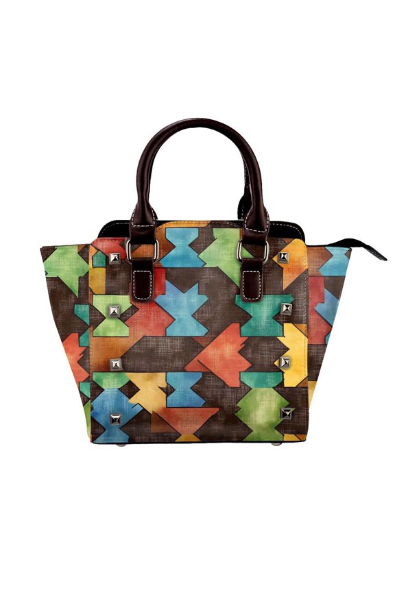 Single Shoulder Bag Rivet Bag 7.487.483.94in Removable Shoulder Belt Can Be Held Or Diagonal Across A Variety Of Matching Styles Saddlebrown Colorful Houndstooth Hand-Drawn Sketch_3