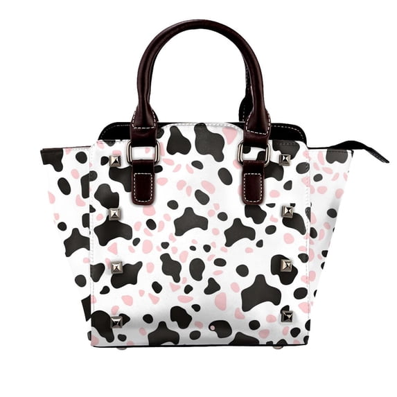 Single Shoulder Bag Rivet Bag 7.48×7.48×3.94in Removable Shoulder Belt Can Be Held Or Diagonal Across A Variety Of Matching Styles Simple Cow Print Pattern White Background, Pink And White_1