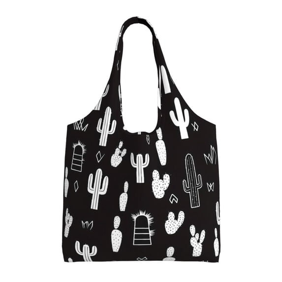 Single Shoulder Commuter Canvas Bag Large Capacity Can Be Carried Or Shoulder Storage For Daily Shopping Trips Black Background Of Cactus