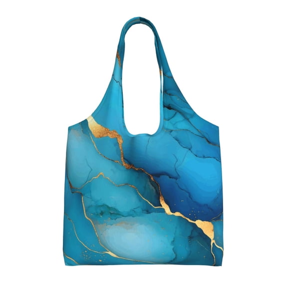 Single Shoulder Commuter Canvas Bag Large Capacity Can Be Carried Or Shoulder Storage For Daily Shopping Trips Blue Gold Marble