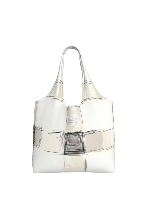 Single Shoulder Commuter Canvas Bag Large Capacity Can Be Carried Or Shoulder Storage For Daily Shopping Trips Ivory Checked Hand-Drawn Sketch_3