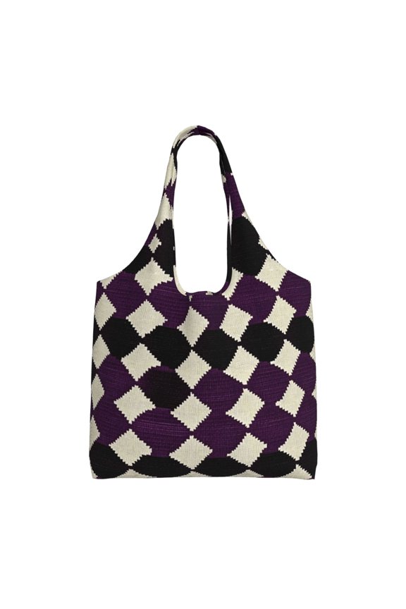 Single Shoulder Commuter Canvas Bag Large Capacity Can Be Carried Or Shoulder Storage For Daily Shopping Trips Violet Retro Houndstooth_3