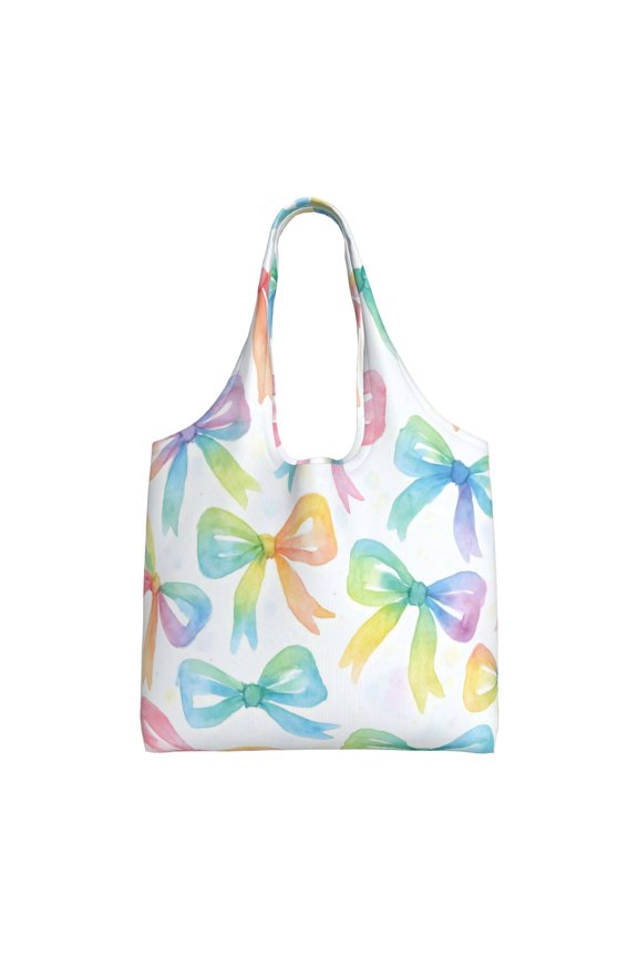 Single Shoulder Commuter Canvas Bag Large Capacity Can Be Carried Or Shoulder Storage For Daily Shopping Trips Watercolor Rainbow Ribbon Bow Pattern