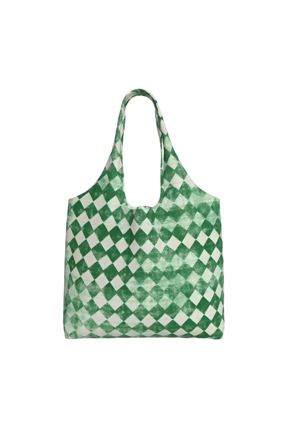 Single Shoulder Commuter Canvas Bag Large Capacity Can Be Carried Or Shoulder Storage For Daily Shopping Trips Green Houndstooth Vintage Texture Hand-Drawn Sketch_4