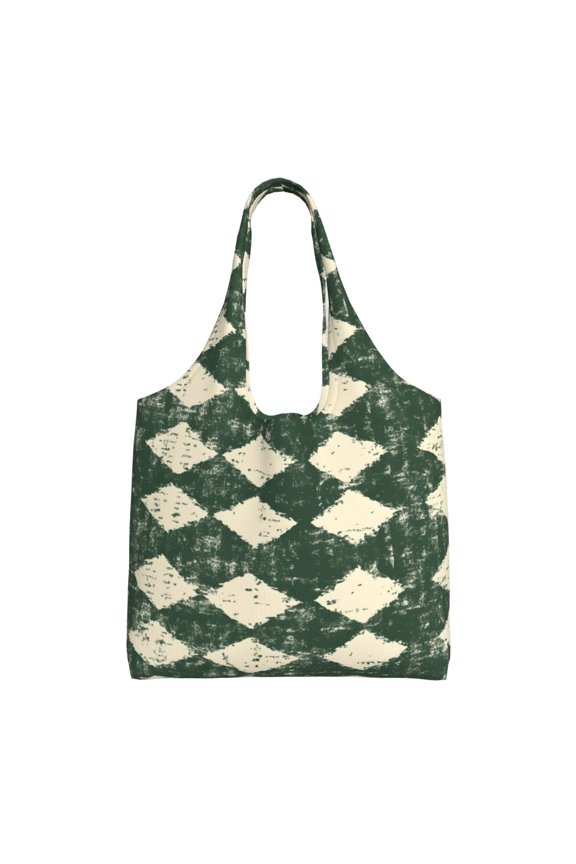 Single Shoulder Commuter Canvas Bag Large Capacity Can Be Carried Or Shoulder Storage For Daily Shopping Trips Green Houndstooth Vintage Texture Hand-Drawn Sketch_2
