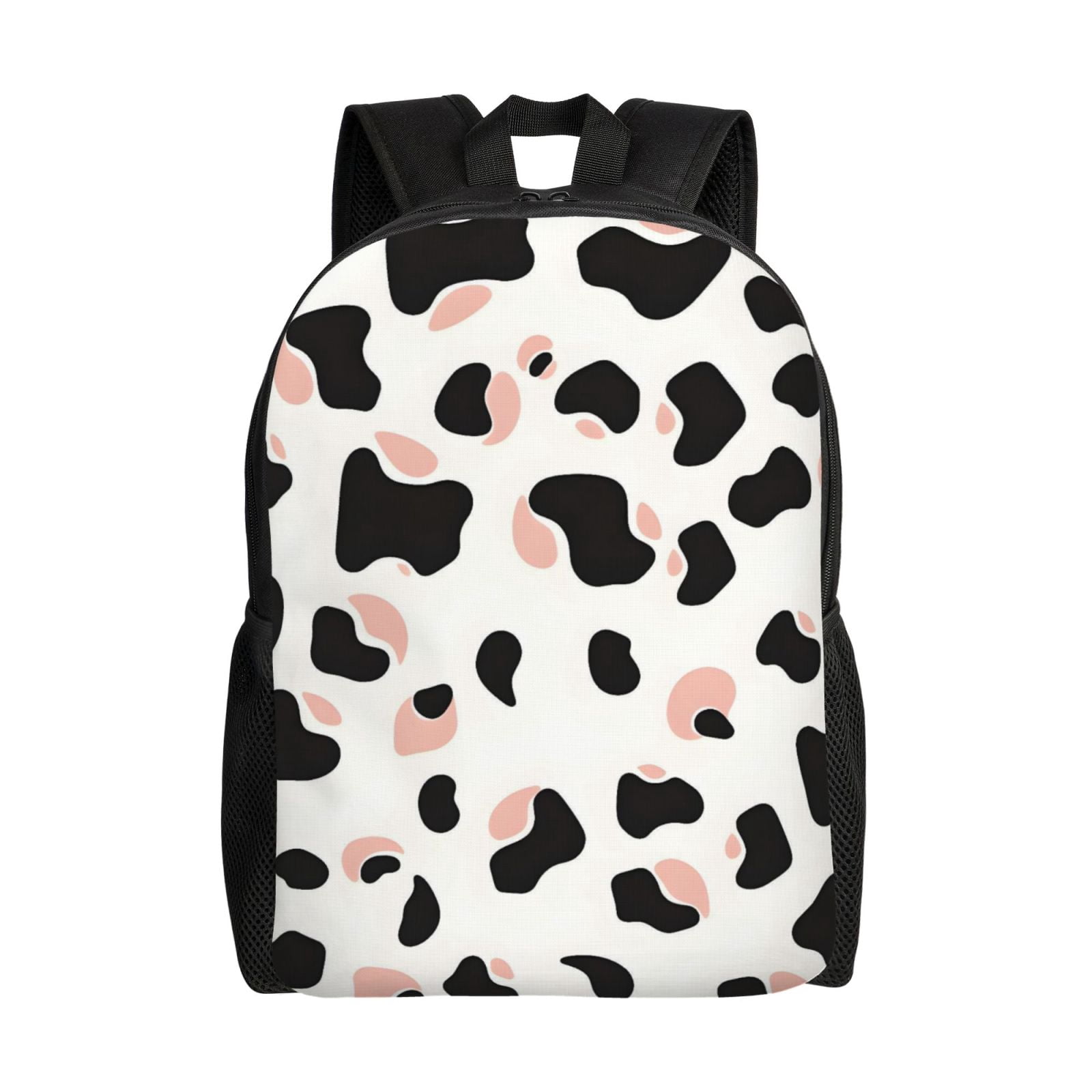 Single Side Full Backpack 16.1×11.8×4.5in Large Capacity Breathable Shoulder Belt Leisure Simple And Strong Bearing Capacity Simple Cow Print Pattern White Background, Pink And White_2