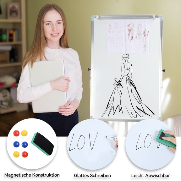 Baellsa Single-Sided Foldable Magnetic Whiteboard Tripod, Height Adjustable with Paper Clamp Pen Storage & Non-Slip Feet