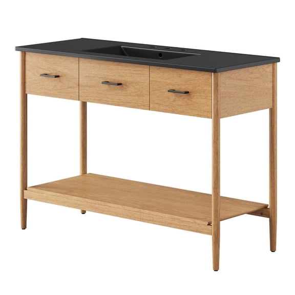 Single Sink Vanity Cabinet, Black Natural, Wood, Mid Century Hotel Bedroom Bathroom, Modern Contemporary HB36496