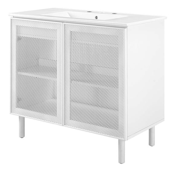 Single Sink Vanity Cabinet, White, Metal, Mid Century Hotel Bedroom Bathroom, Modern Contemporary HB36654