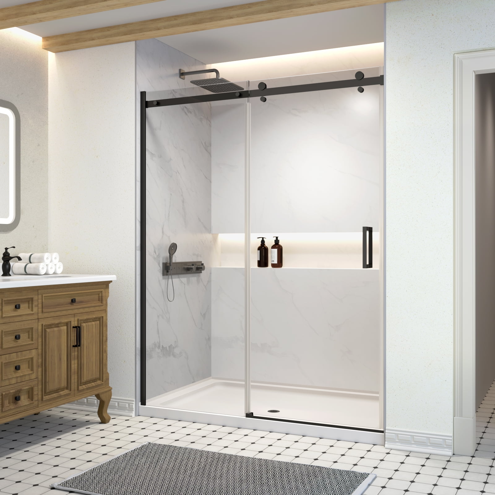 Matte Black Semi-Frameless Sliding Shower Door with Clear Glass