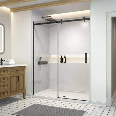 Single Sliding Frameless Shower Door, 56-60" W x 74" H, with 5/16" Clear Tempered Glass, Matte Black Finish, ACE DECOR