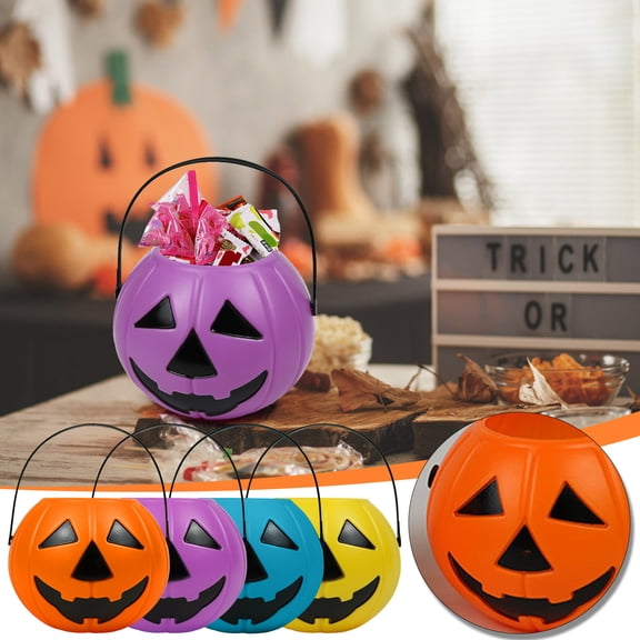 Single Small Portable Plastic Pumpkin Pail Bucket, Kids Trick Or Treat Candy Storage Basket, Lightweight Handheld Container for Halloween Gift Packing and Holiday Game Accessory