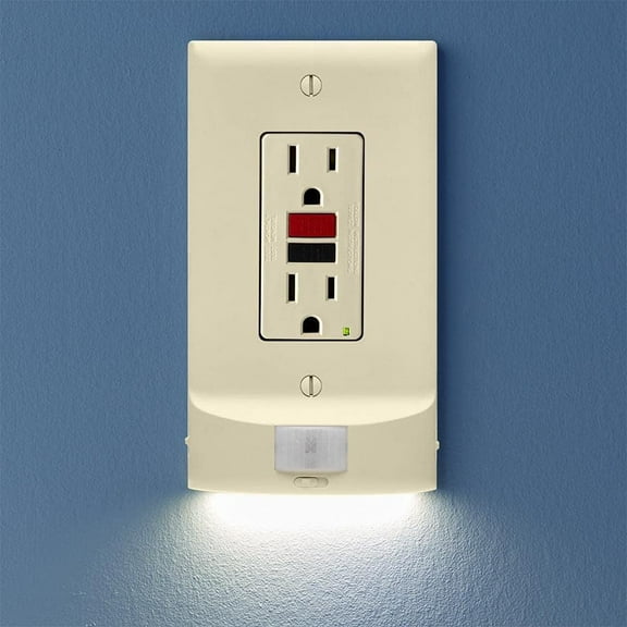 Single, SnapPower MotionLight [FOR GFCI OUTLETS] - Motion Detecting LED Night Lights Built-In to Wall Plate - Bright/Dim/Off Options - Automatically On/Off Sensor - (Light Almond, GFCI)
