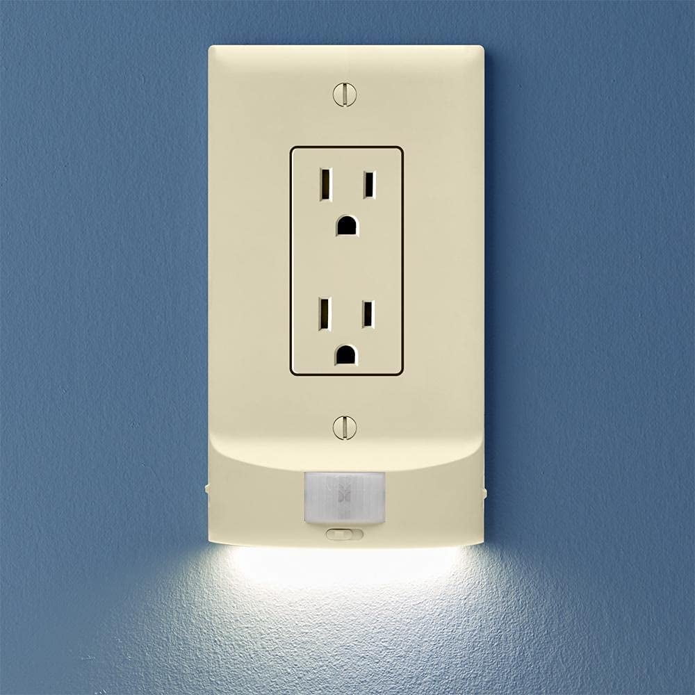 Single, SnapPower MotionLight [FOR STANDARD OUTLETS] - Motion Detecting LED Night Lights Built-In to Wall Plate - Bright/Dim/Off Options - Automatically On/Off Sensor - (Light Almond, Decor)