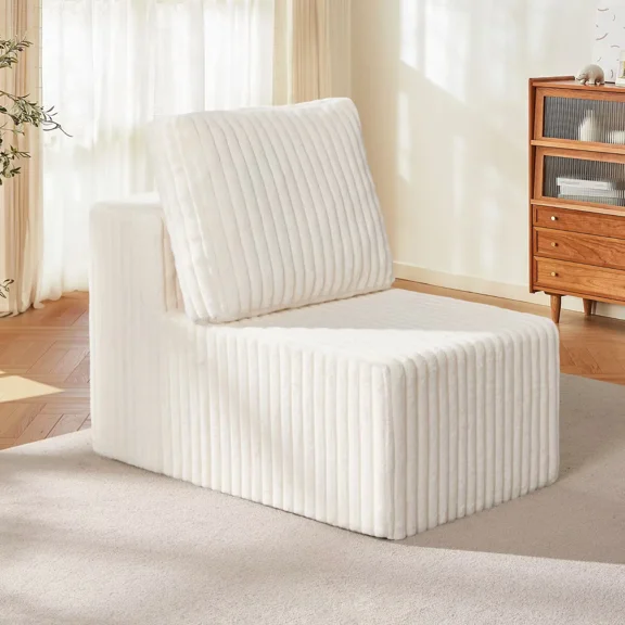 Single Sofa 1 Seat Couch with Deep Seat Memory Foam Cloud Sofa Chair with Pillows Large Sofa with L Shape for Living Room Bedroom (Strip White, Single)