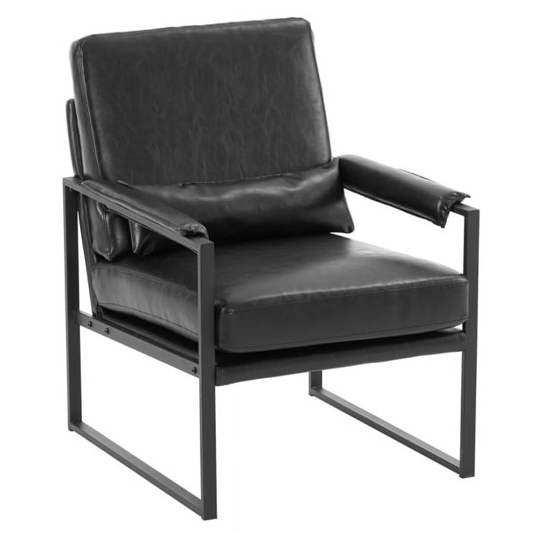 Single Sofa Armchair Iron Frame Black PU Leisure Recliner Modern Accent Chair Indoor Lounge Chair for Bedroom Living Room Home Office