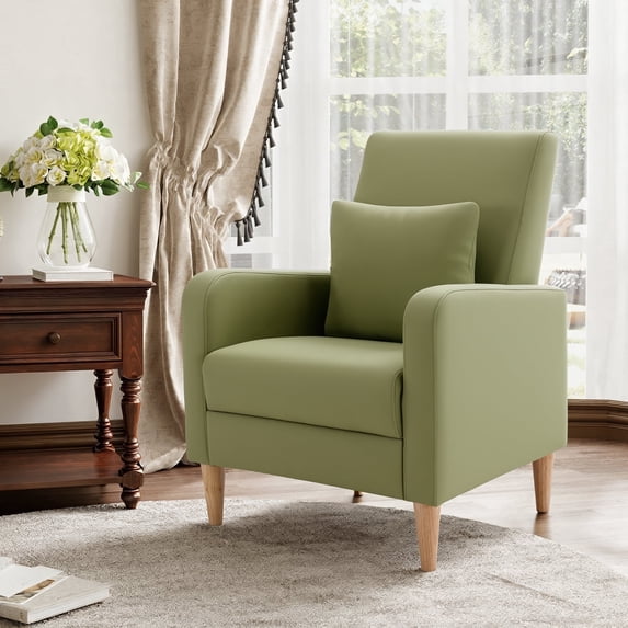 Upholstered Faux leather Accent Chairt, Lounge Seat Armchair with Removable Pillow and Sturdy Wood Legs, Green, Set of 1
