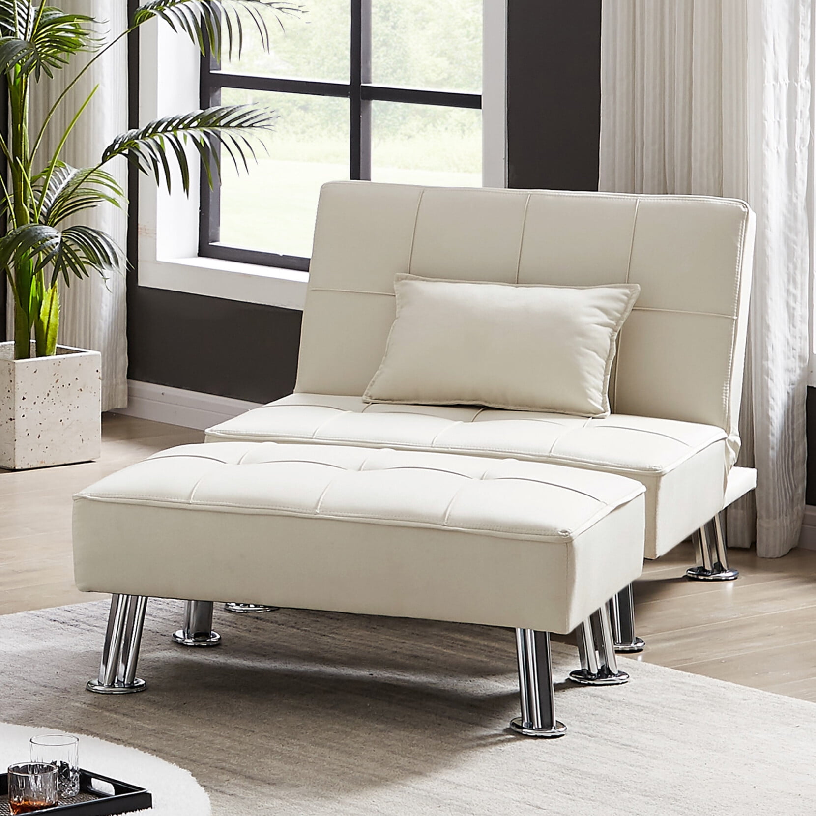 Single Sofa Bed with Ottoman , Modern Fabric Convertible Folding Futon