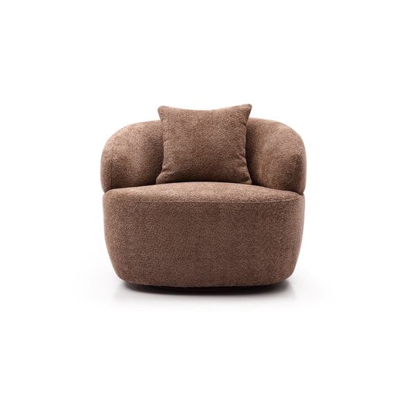 360° Swivel Barrel Chair, Teddy Fleece Single Sofa, Modern Cloud Couch with Curve Armrest and 1 Pillow, Oversized Lounge Chair with Thickened Seat for Living Room, Brown